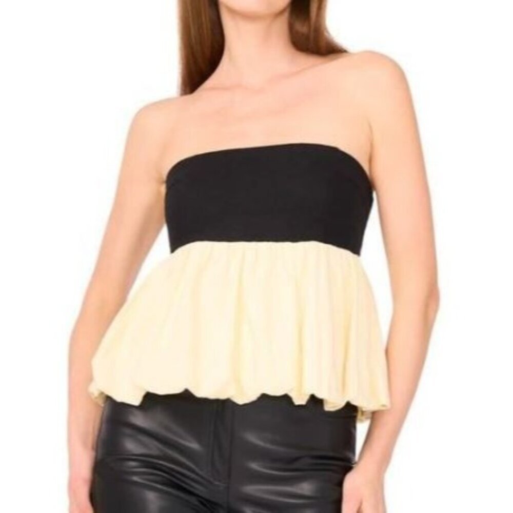 Parker The Leia Bubble Hem Peplum Top Linen Rayon Small Strapless White Black